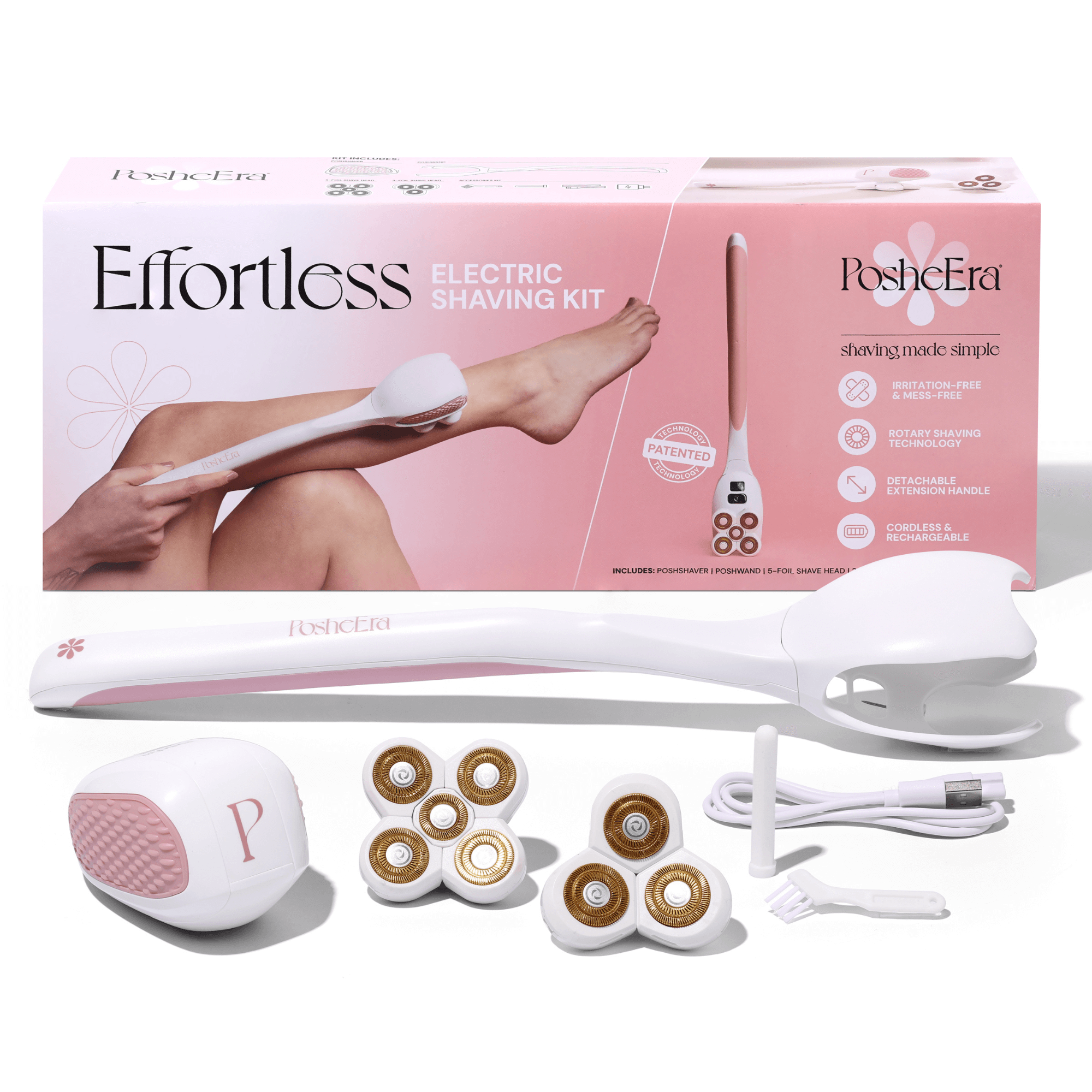 PosheEra Effortless Electric Shaving Kit – ergonomic, cordless electric razor with a detachable handle for a smooth, irritation-free shave. Features rotary blades, rechargeable design, and mess-free shaving.